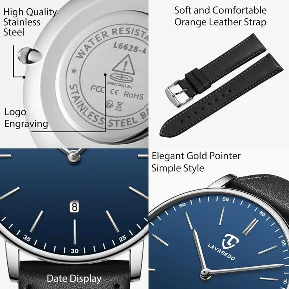 Men's Black -Blue Leather Strap Analog Minimal Simple Stylish Buckle Wrist Watch - Picture 5 of 6